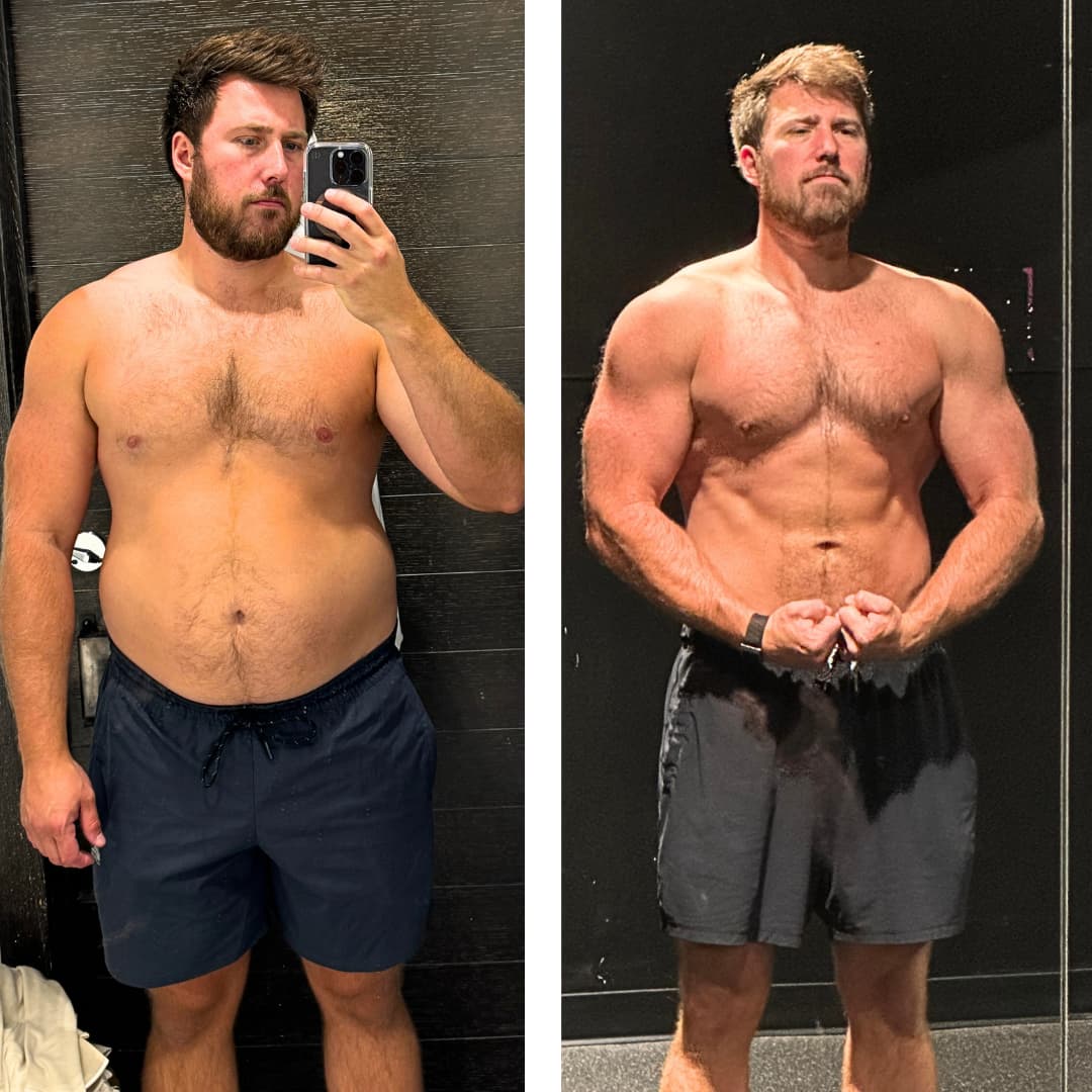 Side-by-side photos showing one person's long-term fitness progress